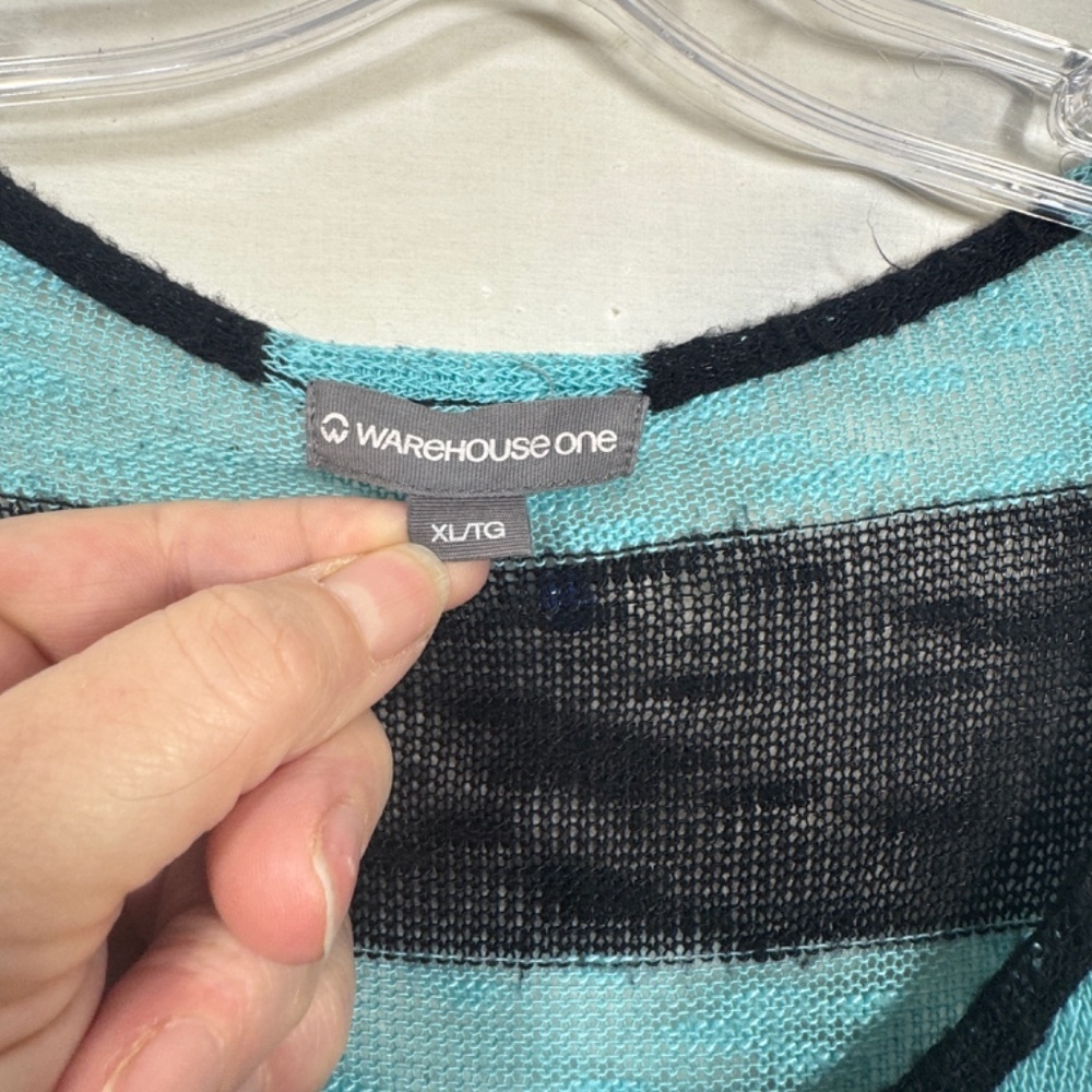 Warehouse One Sweater Womens XL Blue Black Striped Cinched Sides Lightweight - Picture 7 of 7